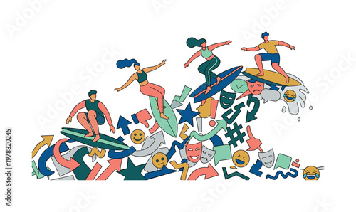 Abstract figures surfing on a wave of social media icons and symbols