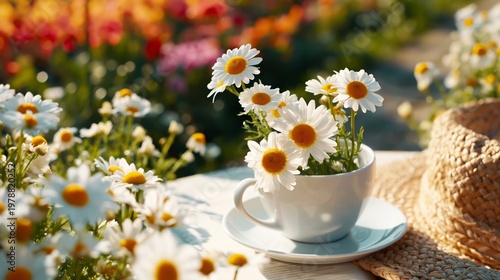 Daisies in a Cup Placed on a Wooden Table Surrounded by Colorful Flowers on a...
