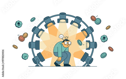 Man overwhelmed by spotlights and falling coins, feeling anxious