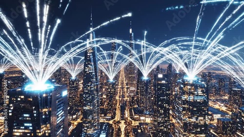 Futuristic City Skyscrapers with Light Beams at Night