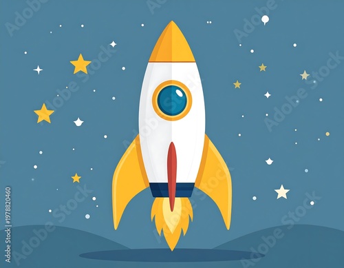 Cartoon rocket ship blasts off amidst a starry night sky, with a yellow and orange color scheme and bright details