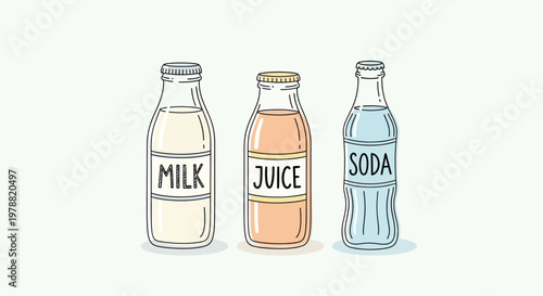 Glass bottles of milk, juice, and soda on white background for food and beverage concepts