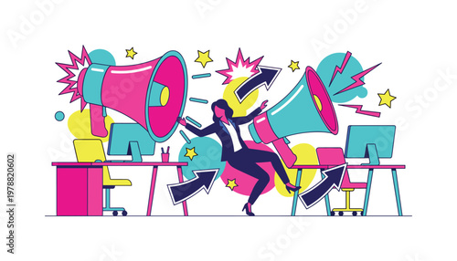 Woman overwhelmed by loud marketing messages from giant megaphones in office