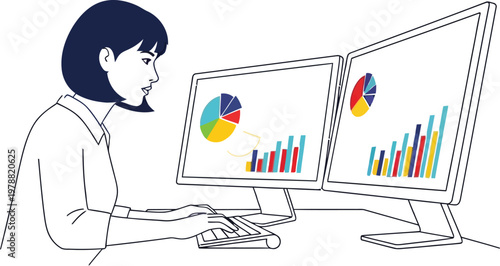 Businesswoman works on financial reports using two computer monitors at a desk.