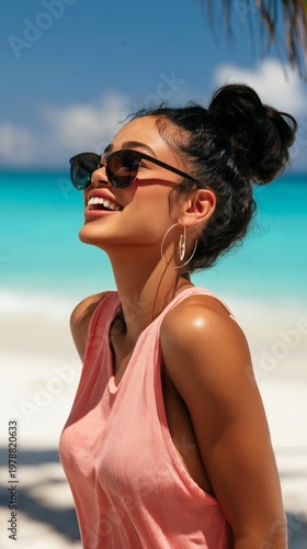 Woman Enjoying Sunny Day at Beach With Ocean in Background