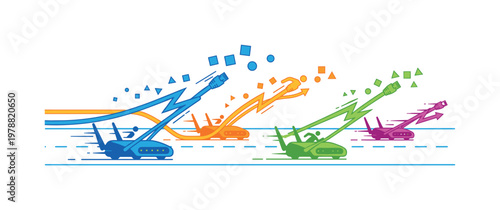 Internet speed race with routers and data cables competing on a track