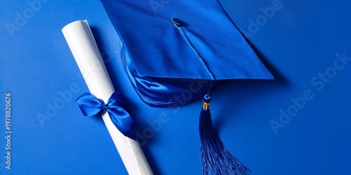 Graduation Cap and Diploma Resting on a Blue Background