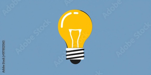 Bright Yellow Light Bulb Shines Against Clear Blue Background in Simple Design