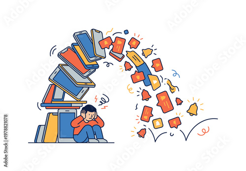 Man overwhelmed by a huge stack of smartphones and constant notifications