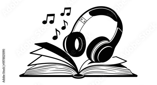 Headphones on an open book with music notes floating.