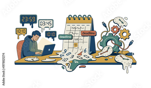 Overworked person staring at laptop with melting clocks and deadlines approaching