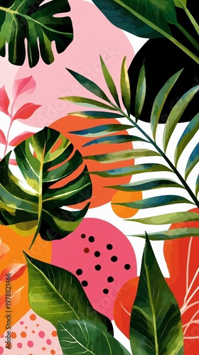 Colorful Tropical Leaves and Flowers Arranged in a Pattern on a Light Background