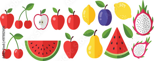 Colorful Fruit Icon Set with Apple, Cherry, Lemon, Plum, Watermelon, Pear, Dragon Fruit Flat Vector Collection for Healthy Food and Fresh Nutrition Design