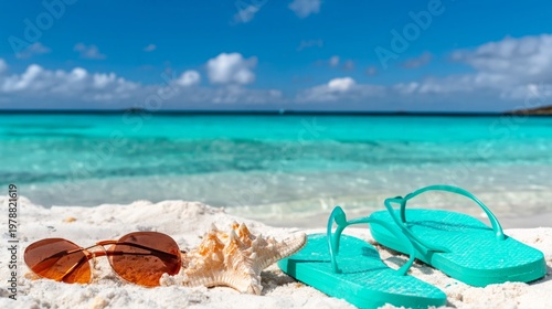 Summer Day at the Beach With Sandals and Sunglasses on the Sand Near Calm Blu...