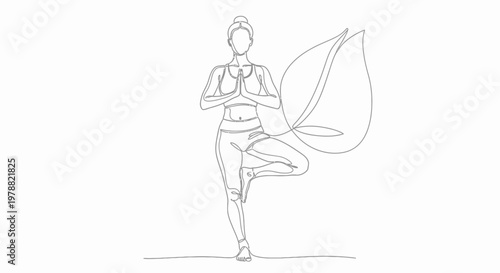 Continuous one line drawing of a woman practicing tree yoga pose with leaf.