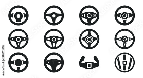 Car steering wheels vector icons, collection set for transportation and automotive design concepts, isolated symbols, clean editable illustration style