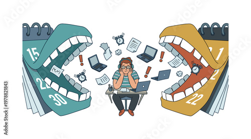 Overwhelmed employee stressed by deadlines and work pressure from calendars