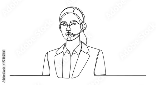 Continuous line drawing of a female customer service agent wearing a headset and suit.