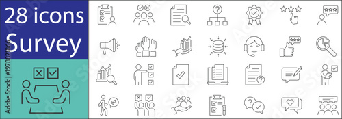 Survey icons set with questionnaire, feedback form, checklist, rating stars, and data collection concepts in modern line style.