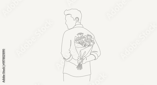 Minimalist line art illustration of a man hiding a flower bouquet behind his back.