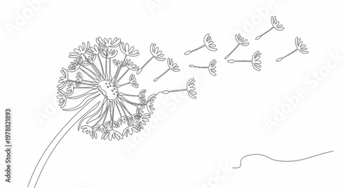 Minimalist line art drawing of a dandelion seed head blowing in the wind.