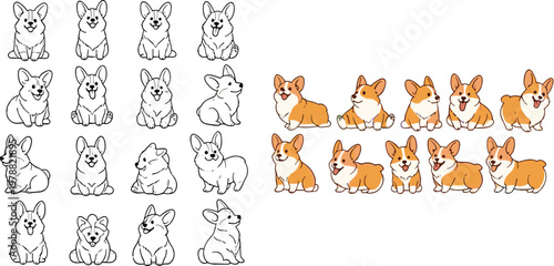 Corgi Dog Character Set with Outline and Colored Versions Different Poses Cartoon Puppy Collection Flat Vector Illustration for Pet Design