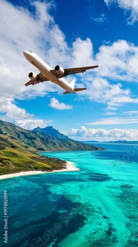 A Plane Flies Over a Tropical Beach and Clear Water in an Island Setting Duri...