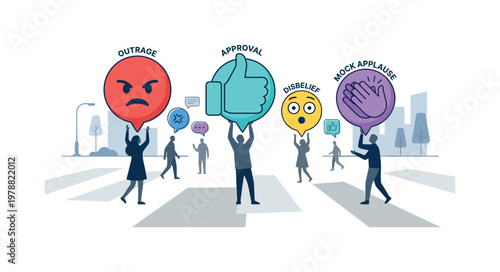 Diverse crowd expressing emotions with large emoji speech bubbles on city street