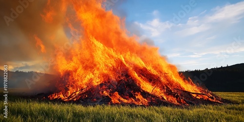 Large Fire Burns in Open Field Under Blue Sky With Trees in the Background Du...