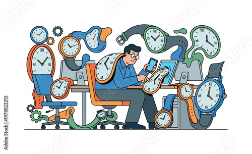 Man overwhelmed by melting clocks in a surreal office environment