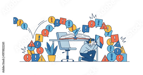 Overwhelmed student bombarded by notifications and alerts while studying