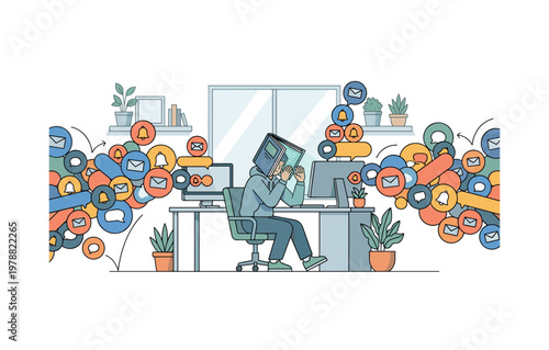 Overwhelmed person hiding face with book amidst digital notifications and messages