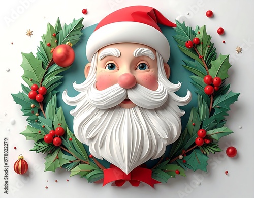 Charming festive illustration featuring a jolly, stylized Santa Claus face within a vibrant Christmas wreath