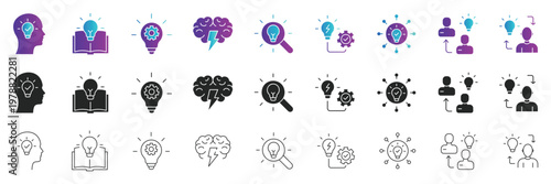Idea innovation thinking and problem solving web line flat and gradient icon set with brain, learning, search, process, teamwork and creative concept symbol. Editable stroke