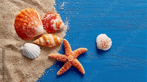Colorful Seashells and a Starfish on Sandy Beach by Blue Wooden Background Du...