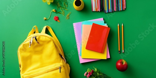 Bright Yellow Backpack With School Supplies on Green Background