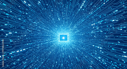 A futuristic digital illustration of a blue circuit board with glowing lines and a central square