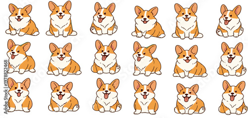 Cute Corgi Dog Character Set with Different Poses and Expressions Cartoon Puppy Collection Flat Vector Illustration for Pet Lovers and Animal Design