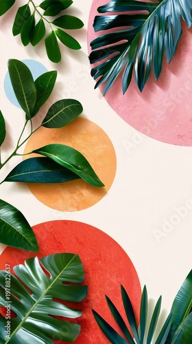 Colorful Circles and Green Leaves Create a Modern Design Scene on a Light Bac...