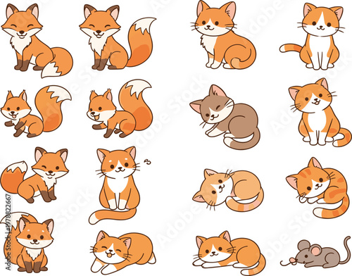 Cute Fox and Cat Character Set with Different Poses and Expressions Cartoon Animal Collection Flat Vector Illustration for Pet and Wildlife Design