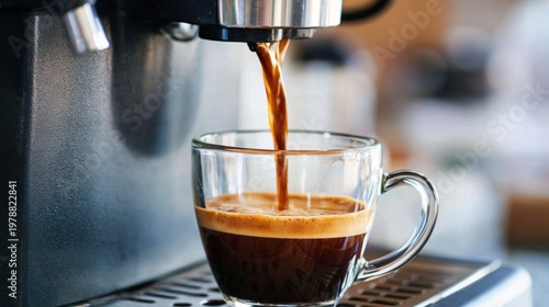 Fresh Coffee is Brewed in a Cafe Using an Espresso Machine With a White Cup P...