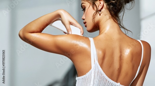 Model Poses by Window Wearing White Outfit in Bright Sunlight