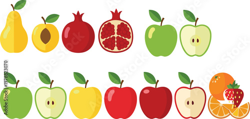Fresh Fruit Icon Set with Apple, Pear, Pomegranate, Peach, Orange and Strawberry Flat Vector Collection for Healthy Food and Nutrition Design
