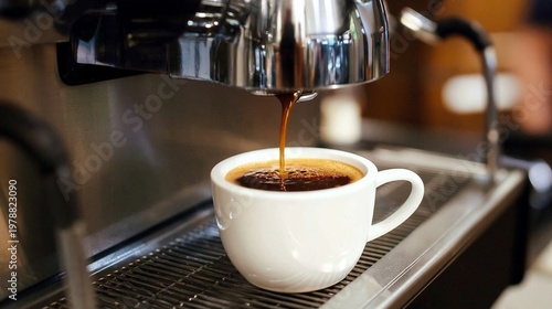 Fresh Coffee is Brewed in a Cafe Using an Espresso Machine With a White Cup P...