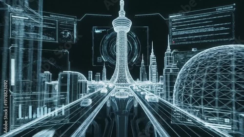 Futuristic Cityscape: Neon Wireframe Cars Driving on Highway