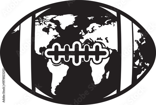 American football world map logo, black and white sports vector icon, global championship tournament graphic element