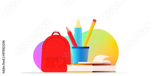 School Supplies on a Desk With a Backpack and Writing Tools During a Study Se...
