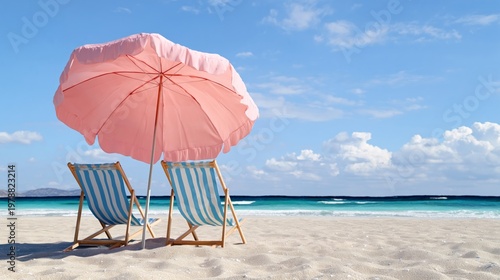 Sunny Beach With Two Chairs and a Red Umbrella Near the Ocean