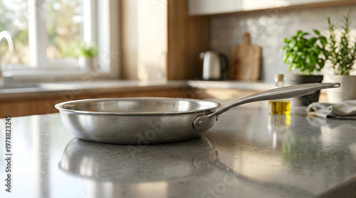 Stainless steel frying pan on modern kitchen counter, professional silver skillet on granite countertop, bright culinary interior with cookware