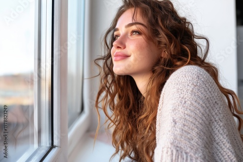 Young Woman Leans by Window During Daytime in Indoor Space With Minimal Decor...